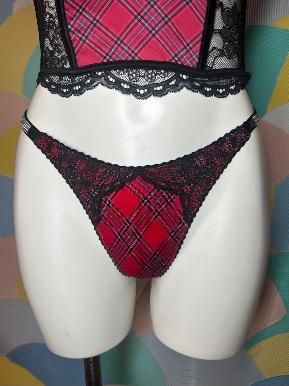 Victoria's Secret Red Plaid Lace Longline Bustier & Thong Set sz s 34B
